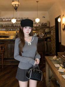 Women's Preppy Sweet Fall Solid Color Top, Bow Detail Long Sleeve Slim Fit Base Layer For School, Holiday, Travel - Grey - View 3