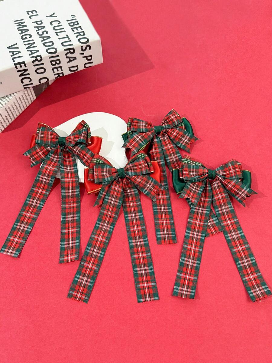 2pcs Christmas Red & Green Plaid Bow Ribbon Hair Clips, Vintage Holiday Vibe Side Alligator Hair Clips, Back Of Head Decorative Hair Accessories For Girls - Multicolor - View 1