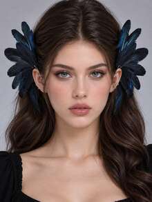 1 Pair Gothic Black Feather Ear Clips, No Piercing Ear Cuffs, European Vintage Exaggerated Ear Hooks, Suitable For Halloween Costume Party Cosplay Women - Multicolor - View 2
