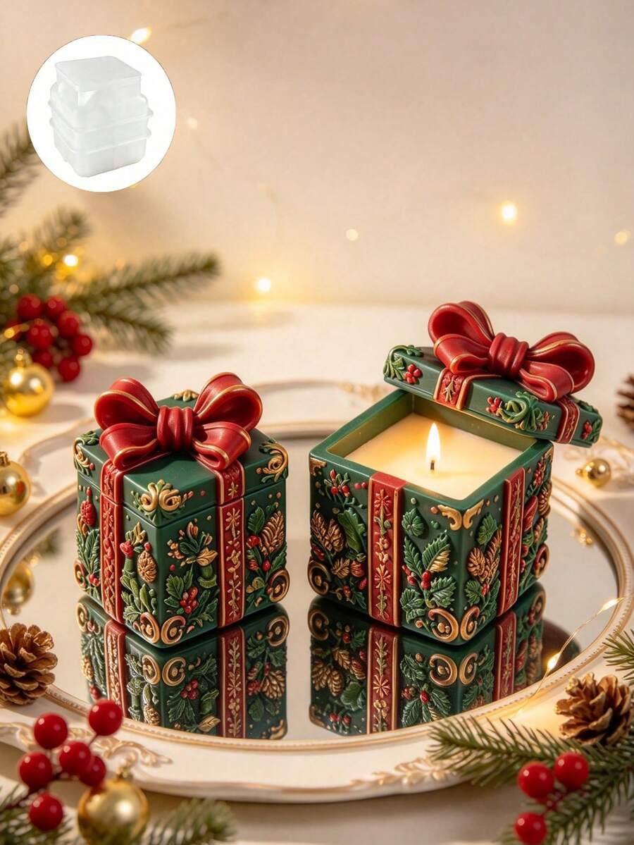 1pc Christmas Gift Box Silicone Mold, Ribbon Bow & Pine Cone Embossed Gift Box Design, Reusable Easy Release, Suitable For Aromatherapy Candles, Handmade Soap, Epoxy Resin, Plaster, Desktop Storage, Christmas Party Decoration, Holiday Handmade DIY Gifts - A - View 1