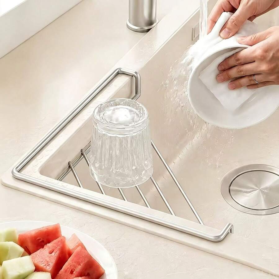 Stainless Steel Triangular Sink Drain Rack – Space-Saving Kitchen Sink Organizer For Sponges, Dish Soap, Dishcloths, Brushes, Scrubbers & Rags – Countertop Storage Holder – Home Kitchen Accessories - A - View 1