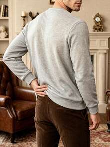 Men's Winter Thermal Lined Solid Color Crew Neck Casual Everyday Versatile Long Sleeve Sweatshirt - Light Grey - View 2