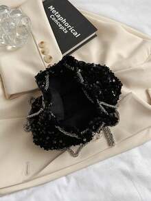 Bucket Bag Black Sequin Fabric Metal Chain Pearl Decor Drawstring Handbag Evening Party Wedding Shoulder Crossbody Bag For Women Night Out - Black - View 5