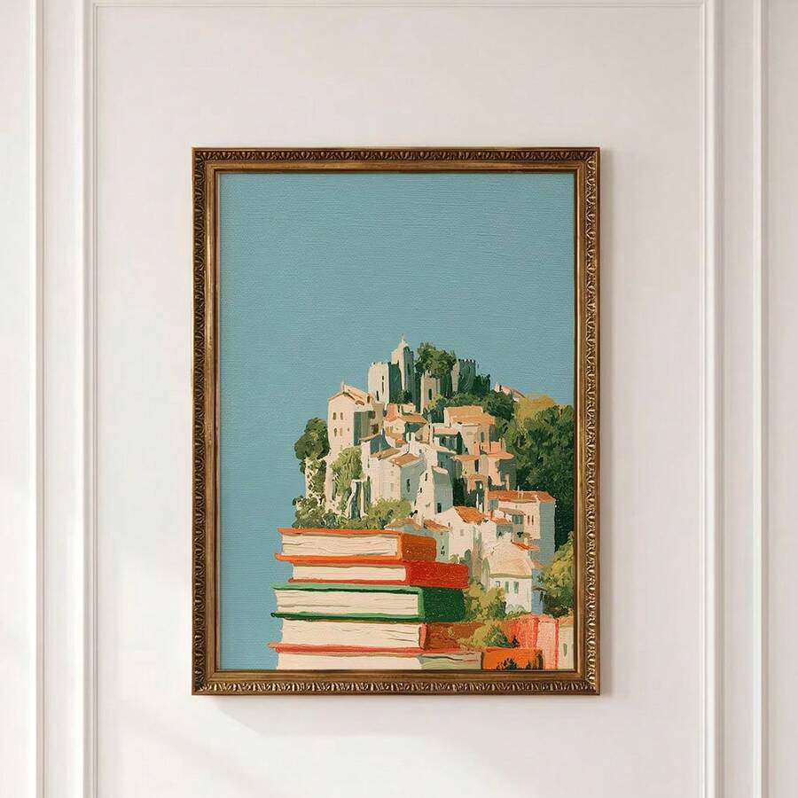 1pc Framed/Unframed Whimsical Village On Book Stack Canvas Poster Blue Abstract Bookish Book Club Wall Art Print Reading Nook Library Decor Scroll Painting For Book Lover,Office,Classroom,Dorm,Modern Home Decoration - A - View 1
