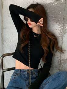 Black Round Neck Long Sleeve T-Shirt Women's Autumn New Slim Fit Short Length Elastic Base Layer Versatile All-Match Top - Black - View 10