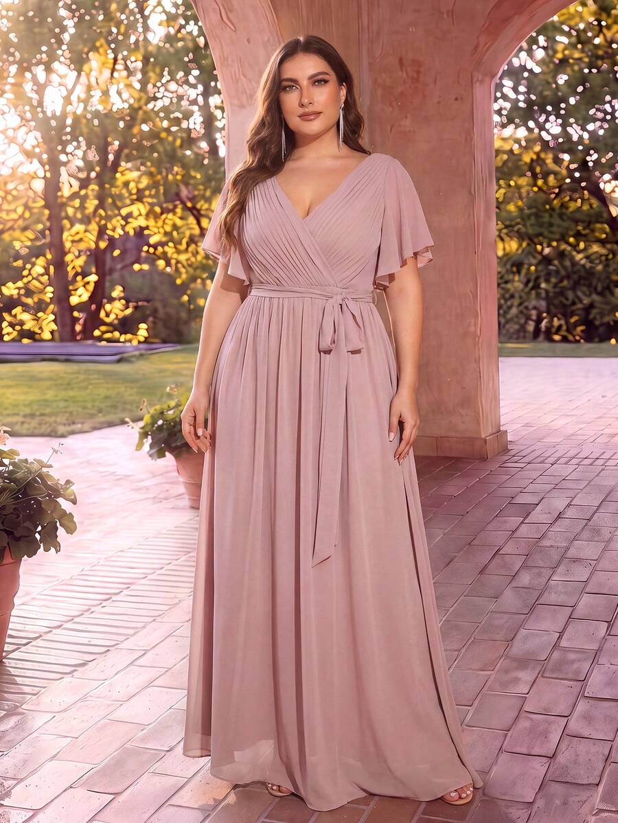 Elegant V-Neck Ruffle Flare Sleeve Floor-Length Light Pink Wedding Guest Bridesmaid Dress, Spring/Summer