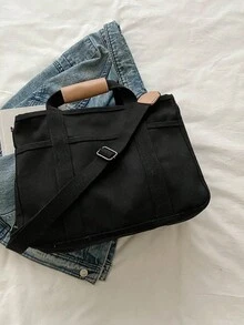 Multi-Compartment Solid Color Canvas Tote Bag, Large Capacity Handbag For Women, Minimalist Design, Multifunctional Shoulder Bag, Crossbody Bag For Outings - Black - View 4
