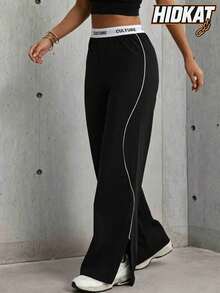 Hidkat Women's Fashion Solid Color High Waist Yoga Casual Sports Knit Long Pants - Black - View 3