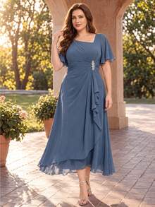 EVERPRETTY Plus Size Summer Elegant Chiffon Bust-Enhancing Blue Bridesmaid Dress, Diamond Beaded Wedding Guest Dress, Soft Ruffle Asymmetrical Hemline - Dusty Blue - View 2