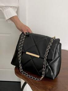 Dedoo Women's Diamond Quilted Faux Leather Flap Shoulder Bag, Gold Metal Strip Decor Chain Strap, Large Capacity Elegant Luxury Handbag, Suitable For Daily, Party, Commute - Black - View 7
