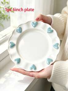 4pcs/2pcs/1pc Cute Embossed Blue Heart Ceramic Plate Set, Wavy Edge White Porcelain Dinnerware, Ins Style Dessert Salad Snack Plate, Afternoon Tea Home Table Decor, Holiday Gift - Multicolor - View 13