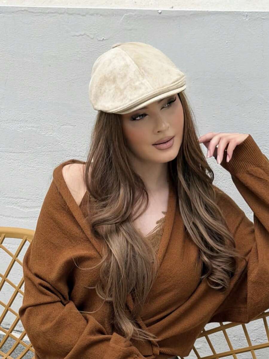 قبعة نيوزبوي نسائية بطراز بريطاني عتيق، قطعة واحدة، للخريف، بلون سادة، قبعة بيسبول بتصميم بسيط متعددة الاستخدامات على شكل بيريه - بيج - مشاهدة 1