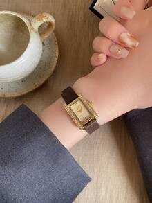 Jam Tangan Quartz Fashion Coffee, Dial Emas Persegi Panjang, Bezel Bertabur Berlian, Cocok untuk Pemakaian Sehari-hari dan Acara Khusus - Coffee Brown - View 6
