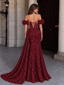 VIPGIRL Wine Red Cold Shoulder Pearl Beaded Fitted Corset Sequin High Slit Lace-Up Backless Ruffle Sleeve A-Line Floor Length Ball Gown Evening Dress - Red - View 2