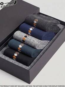 5 Pairs Random Assorted Men's Business Casual Mid-Calf Socks, Breathable, Moisture-Wicking, Soft Skin-Friendly, High Elastic Ribbed Cuff, Anti-Pilling, Simple Diamond Geometric Jacquard, Suitable For Commuting, Office, Home, Daily Wear, All Seasons - Multicolor - View 5