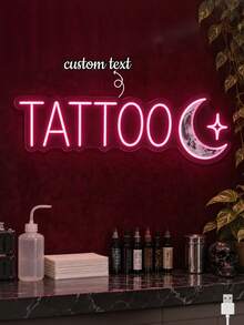 1PC Custom Text Tattoo Neon Sign, Personalized Pink LED Neon Light With Crescent Moon & Star, USB Powered Wall Decor For Tattoo Shop, Tattoo Studio, Beauty Salon, Creative Workspace, Party Photo Backdrop, Gift For Tattoo Artists - Multi-color 1 - View 1