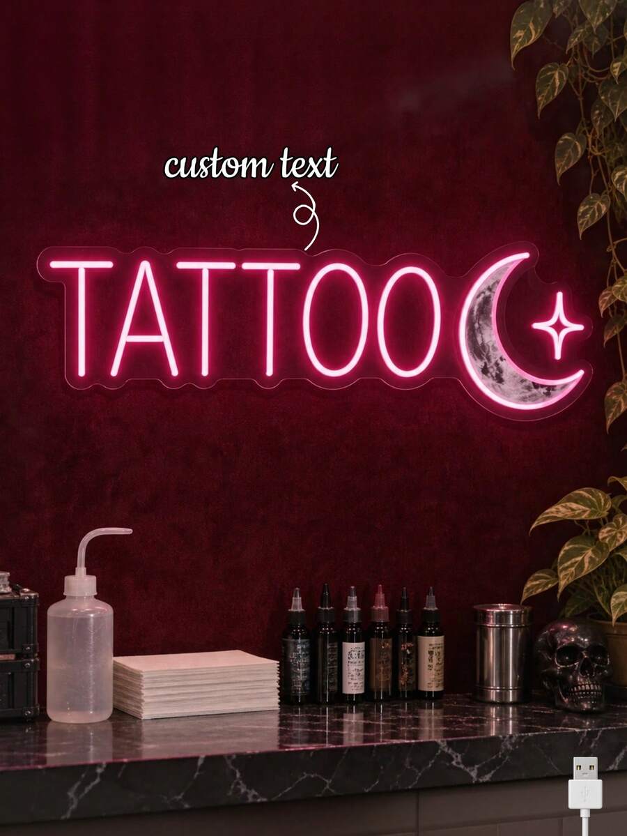 1PC Custom Text Tattoo Neon Sign, Personalized Pink LED Neon Light With Crescent Moon & Star, USB Powered Wall Decor For Tattoo Shop, Tattoo Studio, Beauty Salon, Creative Workspace, Party Photo Backdrop, Gift For Tattoo Artists - Multi-color 1 - View 1