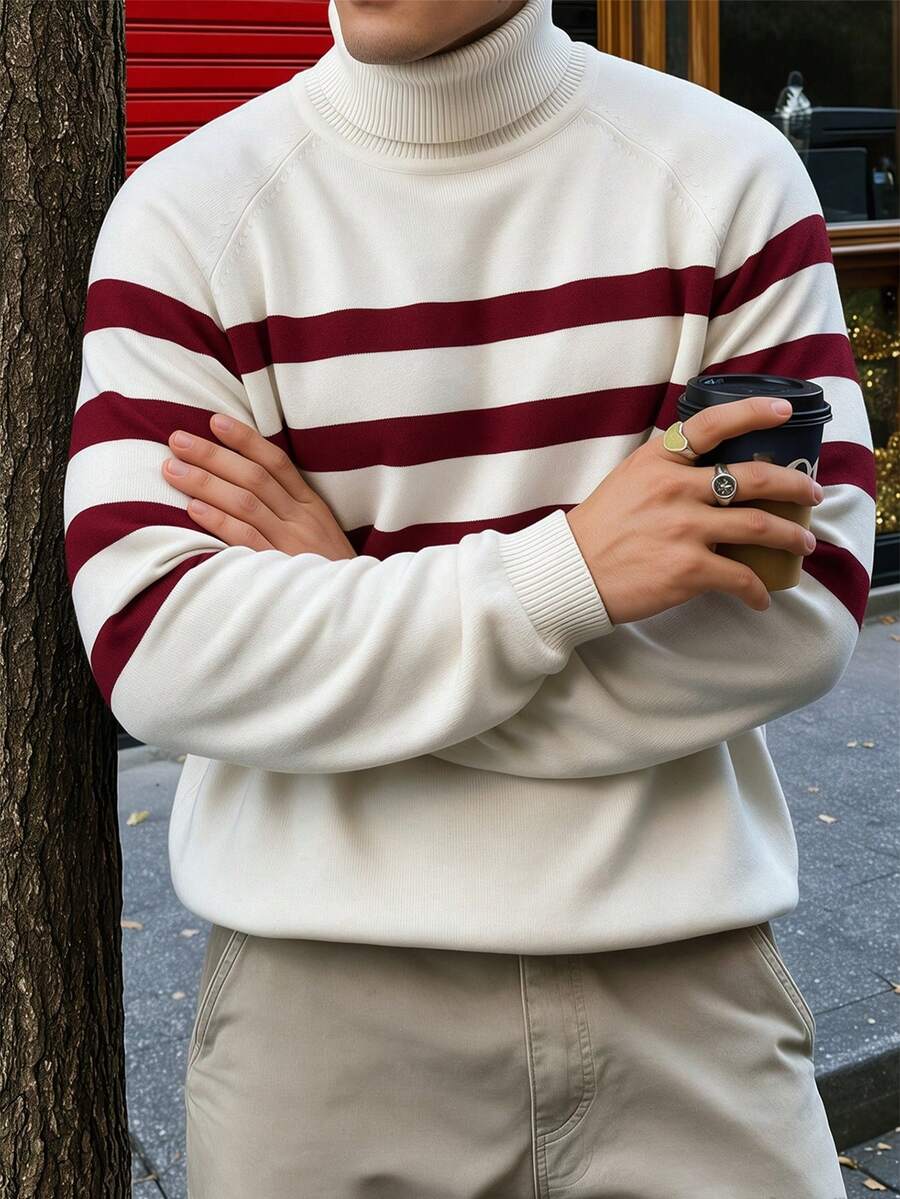ALTZTAR Men's High Neck Contrast Color Long Sleeve Knit Sweater - White - View 1