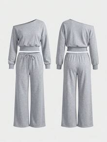 Women's Autumn 2 Pieces Set, Solid Color Asymmetrical Shoulder Long Sleeve Top And Low-Waist Drawstring Pants, Y2K Street Style Sexy Outfit - Grey - View 5