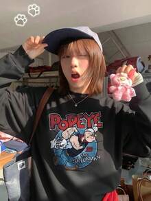 American Vintage Cartoon Print Black Crew Neck Sweatshirt Women Autumn Loose Fit - Black - View 7