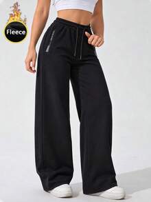 Women Thermal Lined Sweatpants Wide Leg High Waisted Drawstring Pants With Zipper Pockets Casual Loose Fit Lounge Trousers - Black - View 8