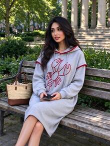 Grey Lobster Embroidered Hooded Sweatshirt Dress For Women, Red Wavy Trim Side Slit Loose Long Slouchy Sweatshirt Dress - Grey - View 4