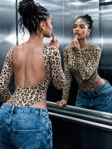 Women's Casual Leopard Print Backless Slim Fit Long Sleeve Bodysuit For Daily Fall&Winter,Fall Winter Clothes,Winter Fall Outfit,Going Out Top,Cute - Brown - View 4