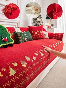 1Pc Christmas Themed Jacquard Sofa Cushion, Non Slip Couch Cover With Gingerbread & Xmas Tree Print, Washable Furniture Protector For Holiday Home Decor - Multicolor - View 1