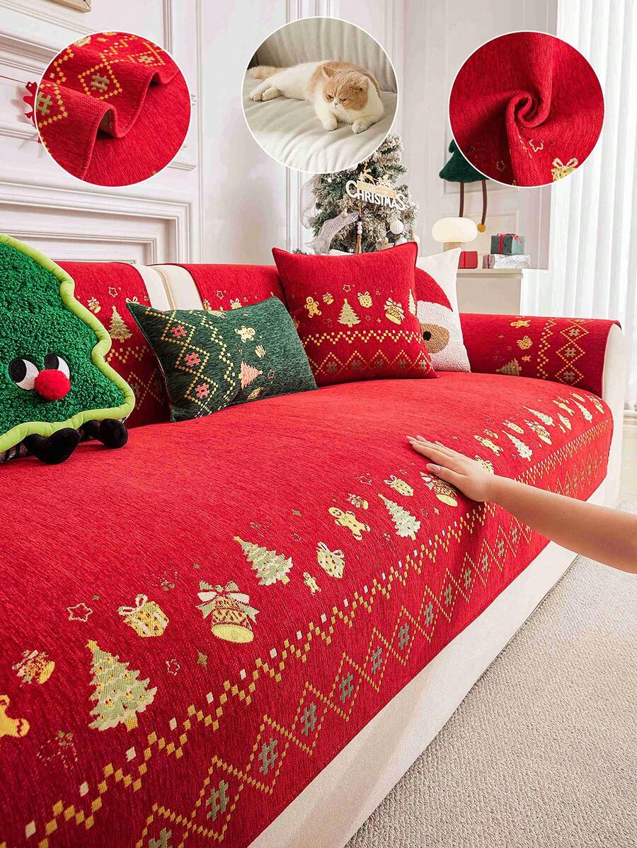 1Pc Christmas Themed Jacquard Sofa Cushion, Non Slip Couch Cover With Gingerbread & Xmas Tree Print, Washable Furniture Protector For Holiday Home Decor - Multicolor - View 1