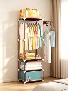 1pc Multi-Tier Freestanding Simple Coat Rack, Thickened Tube Open Clothes Hanger (Can Be Used With Adult Hangers), With Storage Shelves And Side Hooks, Suitable For Storing Clothes, Bags And Folded Bedding In Bedrooms Percheros De Pie Perchero - Multicolor - View 1