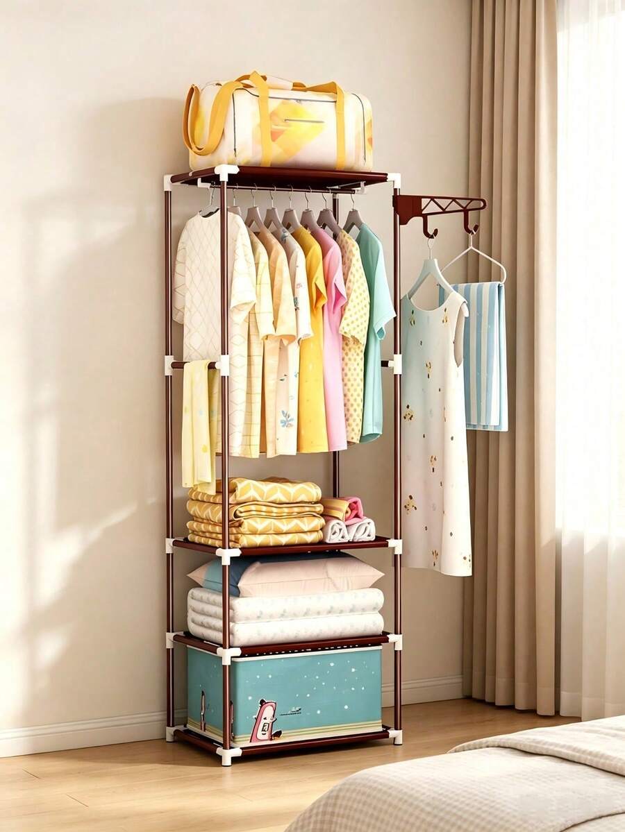 1pc Multi-Tier Freestanding Simple Coat Rack, Thickened Tube Open Clothes Hanger (Can Be Used With Adult Hangers), With Storage Shelves And Side Hooks, Suitable For Storing Clothes, Bags And Folded Bedding In Bedrooms Percheros De Pie Perchero - Multicolor - View 1