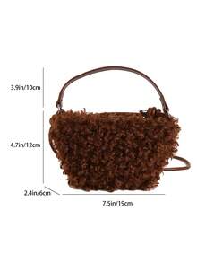 1pc Fashionable Small Bucket Plush Fabric Handbag, Suitable For Commuting, Shopping, Etc. - Coffee - View 3