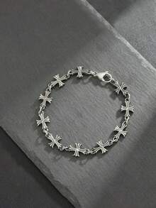 1pc Fashionable Minimalist Cross Pattern Men's Bracelet, Cross-Linked Design Men's Accessory, Suitable For Daily Wear, Holiday, Birthday, Anniversary Gift For Friends - Silver - View 2