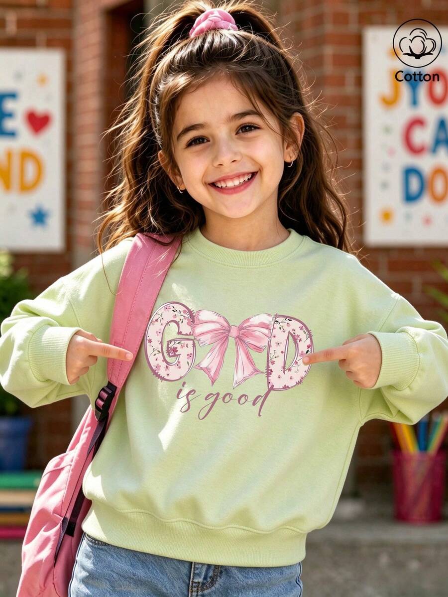 كنزة قطنية بياقة دائرية للبنات، فضفاضة للخريف والشتاء مع طباعة فيونكة ونص "GOD Is Good"، بأسلوب لطيف وحلو وأنثوي راقي - أخضر وردي - مشاهدة 1