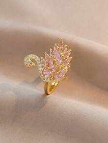 1pc Elegant Fashionable Square Cubic Zirconia Pink Purple Colorful Swan Adjustable Open Gold Plated Ring, Women's Daily Holiday Date Commute Wear - Swan - View 2