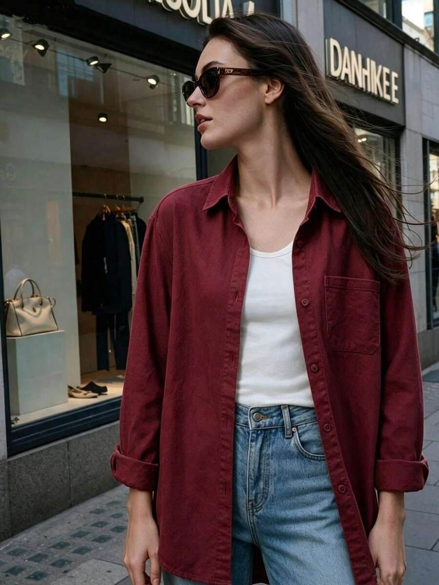 Women's Autumn Solid Color Pocket Front Button-Down Casual Shirt - Burgundy - View 1