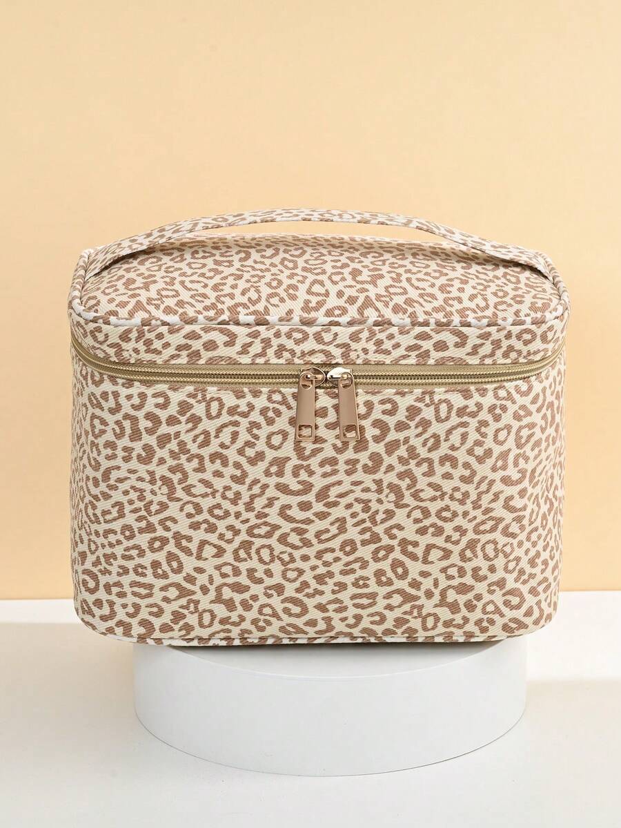 1pc Fashionable Minimalist Portable Canvas Leopard Print Large Capacity Handheld Makeup Bag, Suitable For Daily Makeup Tools, Skincare Products And Other Items Storage, Travel Makeup Organizer Bag - Brown - View 1