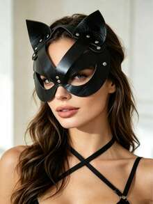 1 buah Topeng Kucing Kulit PU Lembut 3D untuk Pesta Karnaval Wanita, Kostum Cosplay Halloween - Hitam - View 5