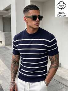 WAIT HIM 100% Cotton Men's Casual Colorblock Striped Knit Top - Blue and White - View 8