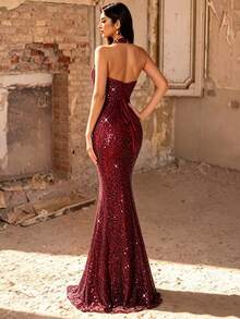Autumn/Winter Elegant Luxury Draped Neck Draped Collar Full Sequin Fitted Mermaid Long Evening Dress, Suitable For Party, Ball, Banquet - Burgundy - View 4