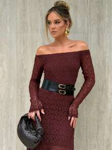 Elegant Women's Burgundy Cold Shoulder Knit Lace Long Sleeve A-Line Flared Dress, Perfect For Parties Or Formal Occasions, Slimming Formal Style - Burgundy - View 5