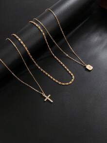 3pcs Men's Multi-Layer Stacked Gold Necklace, Rhinestone Cross & Square Pendant Multi-Layer Chain Collar Necklace, Minimalist Vintage Street Style Accessory, Gift For Men - 3pcs - View 4