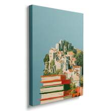 1pc Framed/Unframed Whimsical Village On Book Stack Canvas Poster Blue Abstract Bookish Book Club Wall Art Print Reading Nook Library Decor Scroll Painting For Book Lover,Office,Classroom,Dorm,Modern Home Decoration - A - View 2