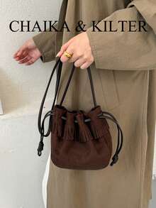 1pc Small Bucket Suede Fabric Shoulder Bag, Adjustable Strap, Suitable For Commuting, Shopping And More - Coffee - View 13