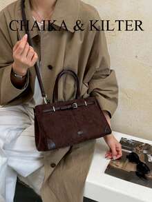 1pc Suede Fabric Handbag With Adjustable Shoulder Strap, Suitable For Commuting, Shopping And More - Coffee - View 9