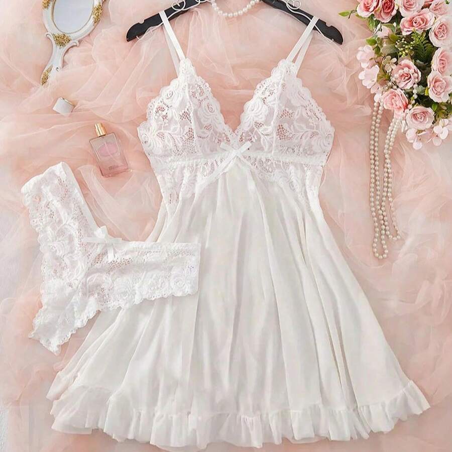 Women Red Lace Mesh Babydoll Lingerie Set, Spaghetti Strap Ruffle ...