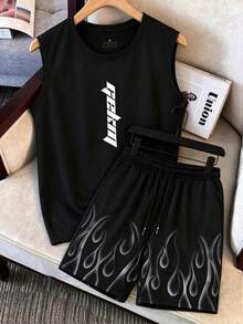 Men's Letter Print Crew Neck Raglan Sleeveless Tank Top And Shorts Set, Casual Summer Fitness Muscle Outfit, Versatile Minimalist Sportswear, Suitable For Outdoor Wear - Black - View 2