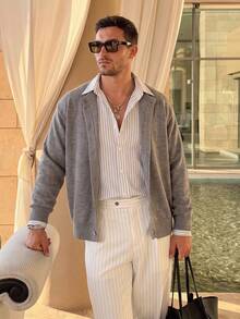 Men's Solid Light Grey V Neck Knit Cardigan, Button Down Loose Soft Layering Sweater Outerwear - Grey - View 7