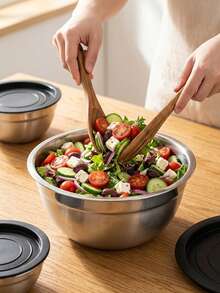 MiLaiWP 1/5 Set With Lid Salad Bowl Set, Stainless Steel Mixing Bowl, Kitchen Accessories, With Silicone Base And Non-Slip Pad, Suitable For Food Storage, Meal Prep, Salad, Etc., Kitchen Use - Black - View 11