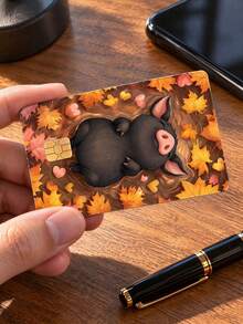 4pcs Cute Little Black Pig Autumn Leaf Heart Credit Card Stickers, Cartoon Healing Style Pig Card Decals, PVC Waterproof Anti-Fingerprint Scratch-Resistant Wear-Resistant Skin, Autumn Atmosphere Birthday Gift, Suitable For Men And Women, Small Chip Card, Bank Card, Credit Card, Transit Card, Access Card, Student Campus Card Personalized DIY, Privacy Protection - Multiple Styles - View 1